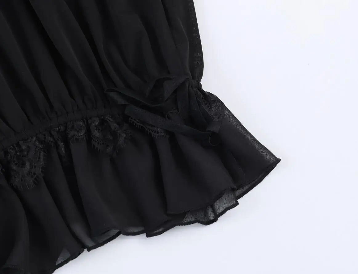 LIZAKOSHT  -  Spring Summer Black Chiffon Lantern Pants Women Spliced Lace Elastic Waist Ruffles Cuff Long Loose Trousers Full Length Bottom
