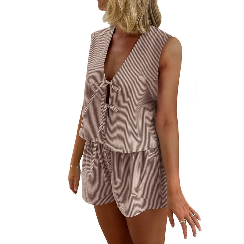 LIZAKOSHT  -  Striped Two Piece Set for Women Sexy V Neck Tie Front Sleeveless Tank Top and High Waist Shorts y2k Clothes Streetwear