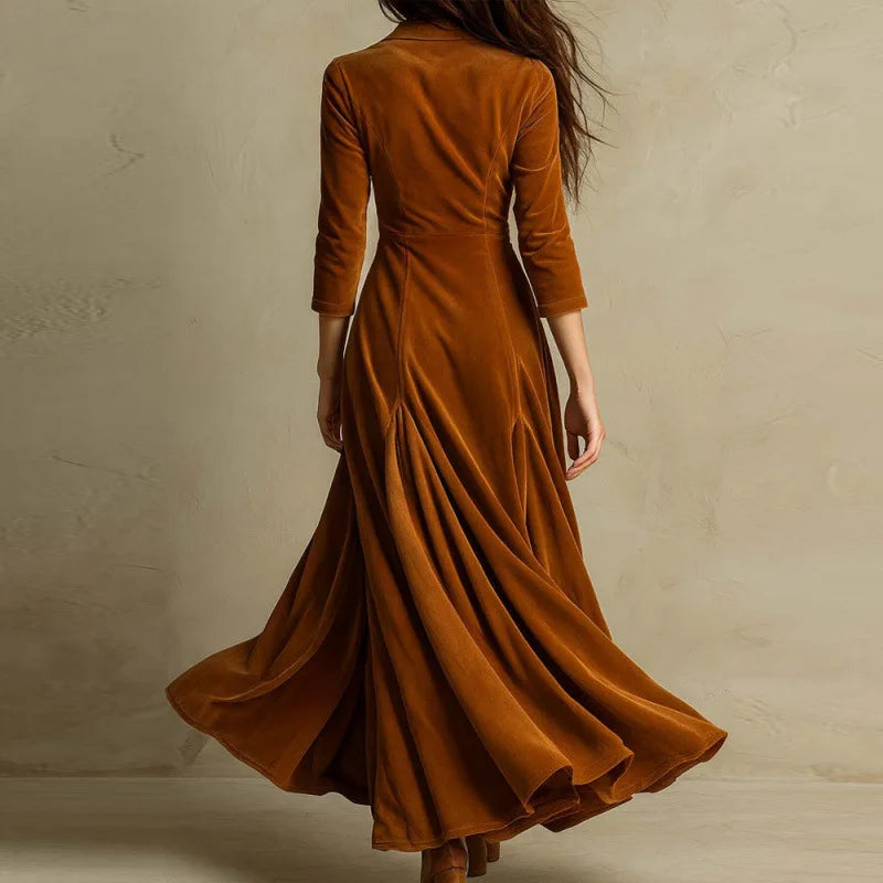 LIZAKOSHT  -  Spring Fall Casual Women Suit Collar Velvet Long Dress New Slim Elegant Office Lady Fashion Solid Velour Dresses