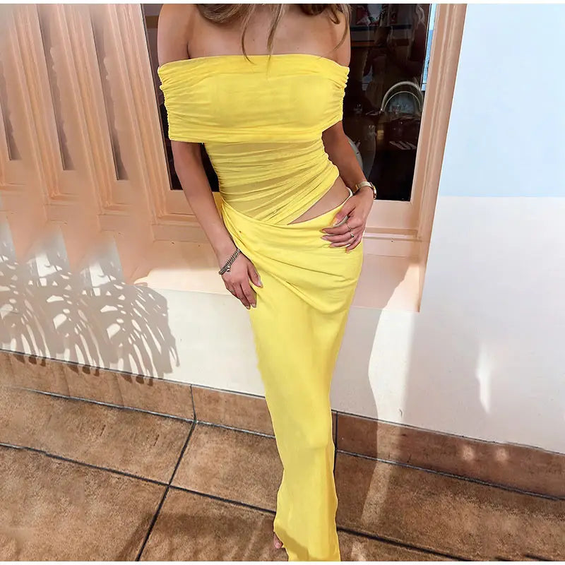 LIZAKOSHT  -  Elegant Sexy Long Dress Women Off Shoulder Hollow Out Sleeveless Patchwork Mesh Robe Female 2025 Spring Summer Chic Solid Robe