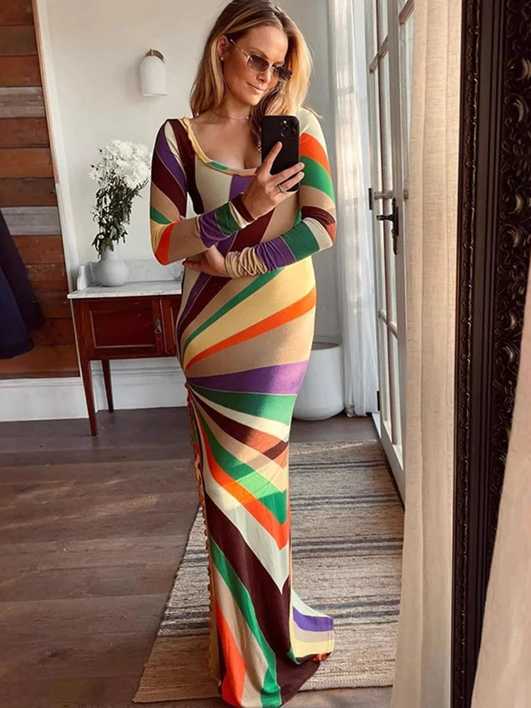 LIZAKOSHT  -  Women's Dresses Rainbow Outerwear Print Bodycon Maxi Dress Long Sleeve Summer Trendy High Slit Casual Evening Gown Woman Clothes