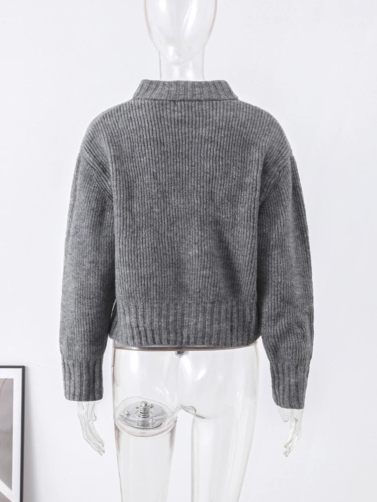 LIZAKOSHT  -  Fashion Gray Zipper Knitted Sweater For Women 2024 Spring Autumn Long Sleeve Knit Bomber Jacket Female Street Warm Lady Chic Top