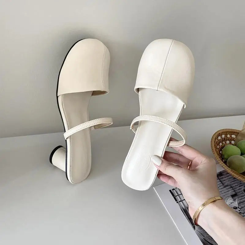 LIZAKOSHT  -  Shoes Low Slippers Casual Slides Cover Toe Square heel Women Heels Pantofle Luxury Summer Block High PU Fashion Rome Fabric