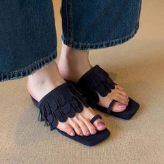LIZAKOSHT  -  Fringe Brown Flip Flops Slippers Square Heels Peep Toe Suede Genuine Leather Sandals Summer Women's Vocation Fashion Shoes