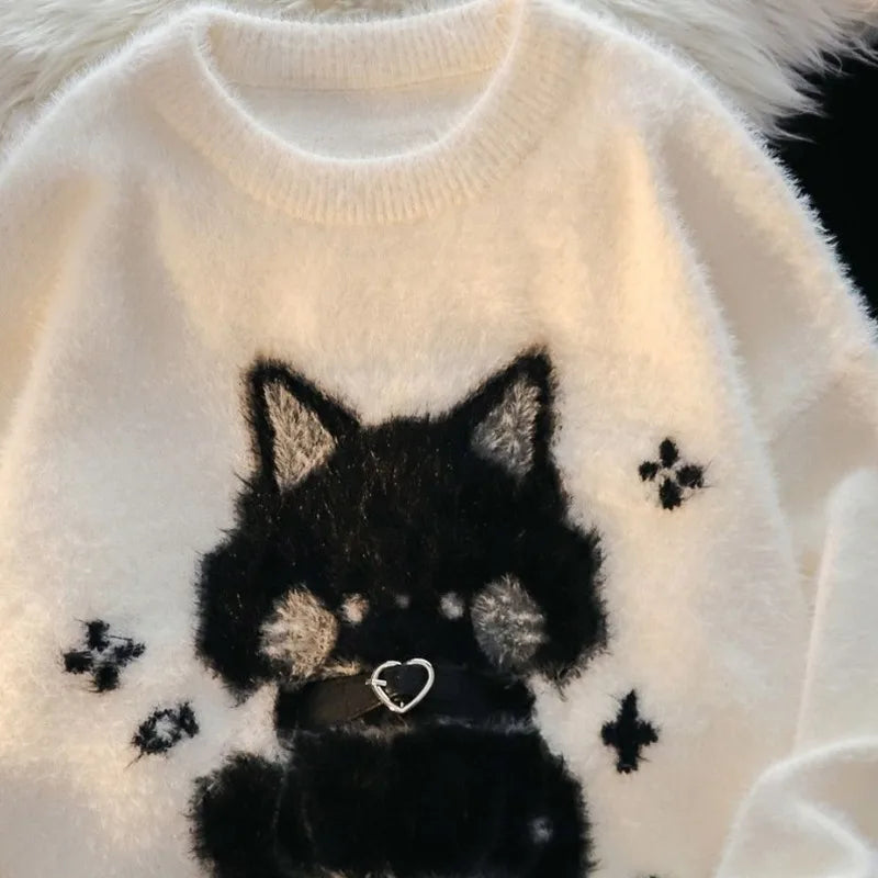 LIZAKOSHT  -  Jacquard Sweater Women Imitation Mink Fur Furry Loose Long Sleeve Knitwear Warm Top Casual Office Ladies O-Neck Men Pullovers