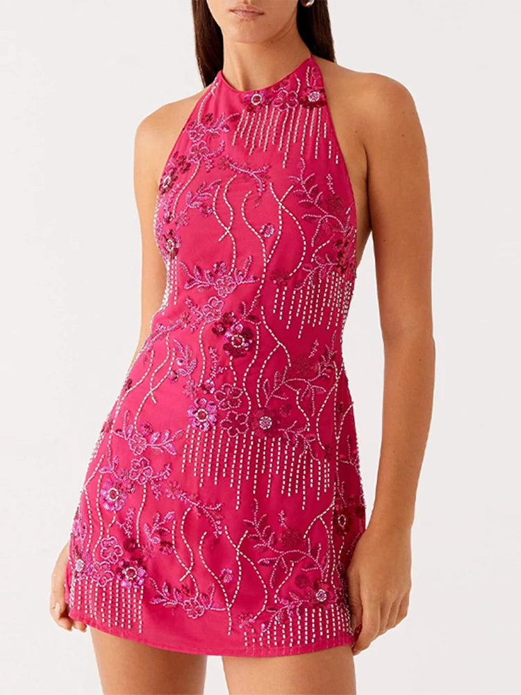 LIZAKOSHT  -  Fashion Print Beading Short Dress For Women Halter Sleeveless Lace Up Backless  Vestidos 2025 Summer Elegant Lady Beach Dresses