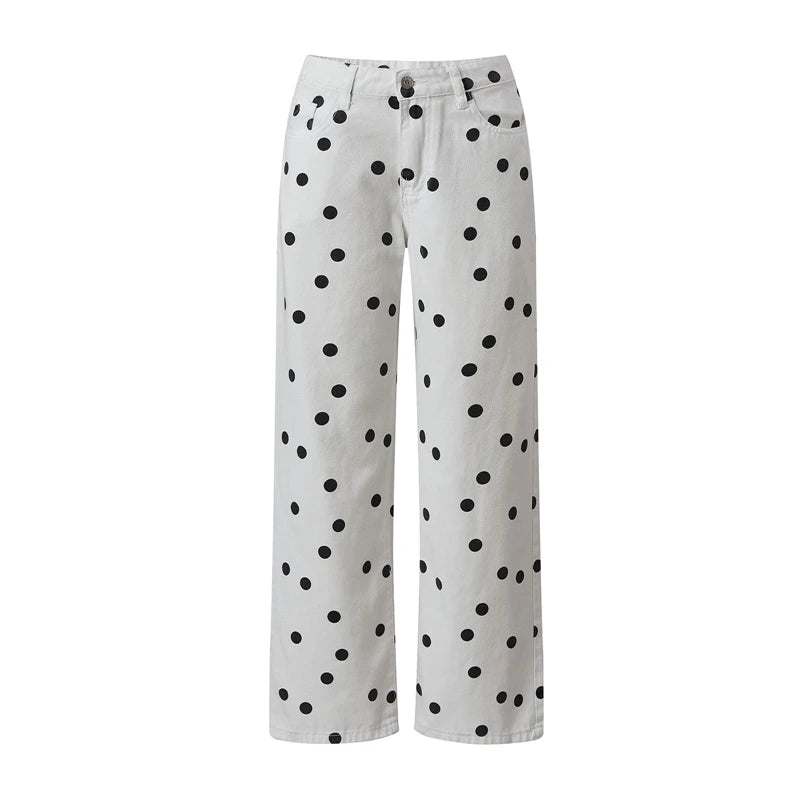 LIZAKOSHT  -  Women Polka Dot Wide Leg Jeans High Waisted Loose Fit Straight Leg Denim Pants Y2K Retro Trousers Preppy Streetwear