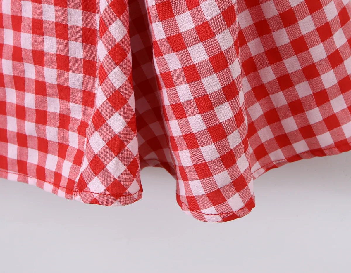 LIZAKOSHT  -  Sexy Red Gingham Plaid Mini Sleeveless Dress Women Bow O Neck Zipper Back Low Waist Ruched Hem Swing Tank Dresses Vestidos Black