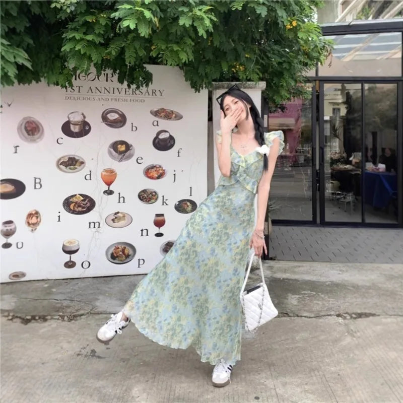LIZAKOSHT  -  Women's French Style Floral Spaghetti Strap Maxi Dress Beach Vacation Dress