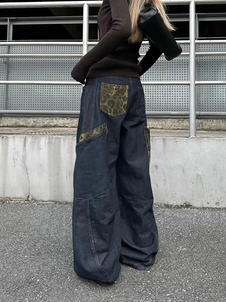 LIZAKOSHT  -  Women Streetwear Wide Leg Jeans Harajuku Camouflage Leopard Patchwork Denim Pants American Vintage Hottie Y2K Machete Trousers