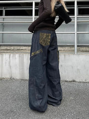 LIZAKOSHT  -  Women Streetwear Wide Leg Jeans Harajuku Camouflage Leopard Patchwork Denim Pants American Vintage Hottie Y2K Machete Trousers