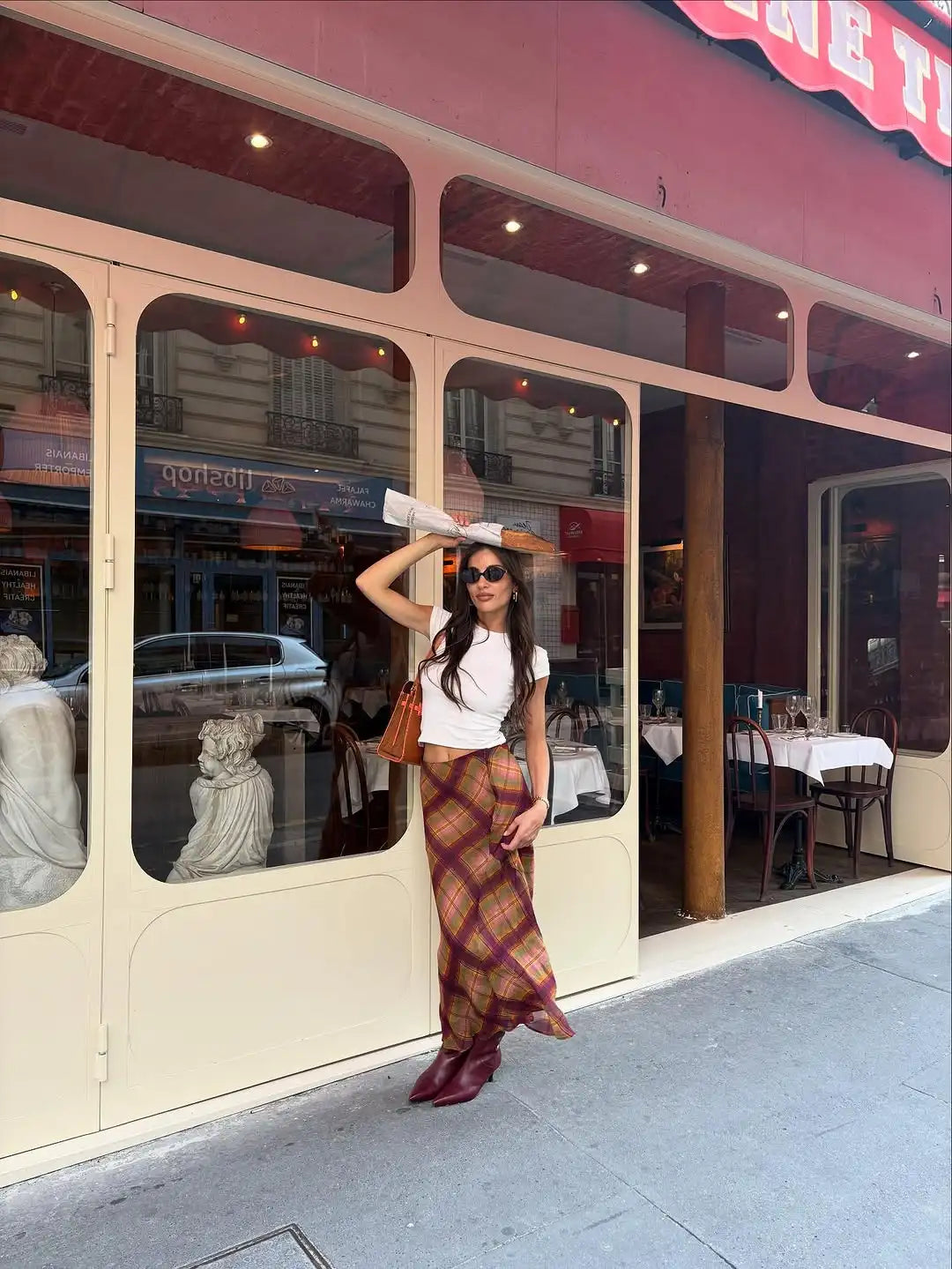 LIZAKOSHT  -  Retro Plaid Pattern Pleated Skirt Women Elegant HighWaist Patchwork Ruffle Slim Midi Skirts Lady Holiday Street Wear New