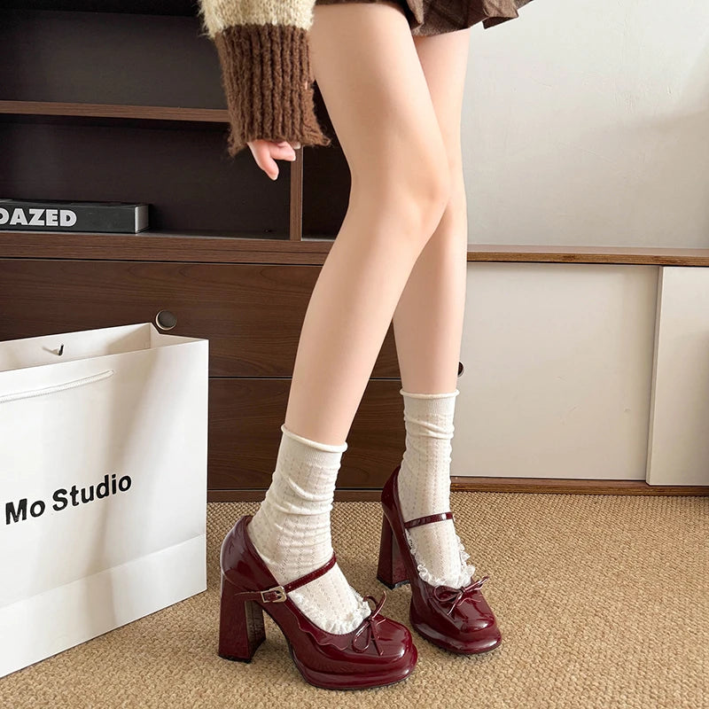 LIZAKOSHT  -  Street Style Thick Heel Women Mary Jane Shoes Concise Butterfly-knot Single Shoes Ladies Elegant Wedding Party Leather Pumps