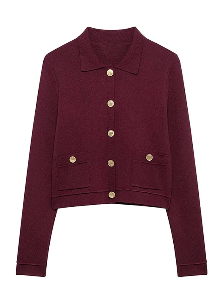 LIZAKOSHT  -  Gold Single Breasted Sweater Knitted Shirt Top Short Skirt Set Women Lapel Double Pockets Knitwear Slim Fit Coat Pleated Skirts