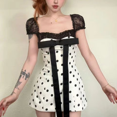 LIZAKOSHT  -  French Vintage Style Bow Polka Dot Dress Women Spring Elegant Mesh Spliced Pencil Dresses Korea Chic Design Party Outfits