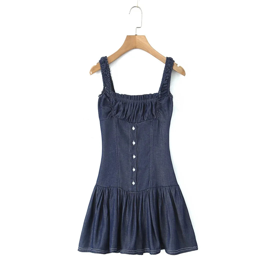LIZAKOSHT  -  Women Smocked back  Button Christa Denim Mini Dress Blue Denim