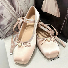 LIZAKOSHT  -  Summer Cute Square Toe Ballet Flats Shoes Women with Riband Sweet Satin Slip On Comfortable sole Office Lady Daily Shoes