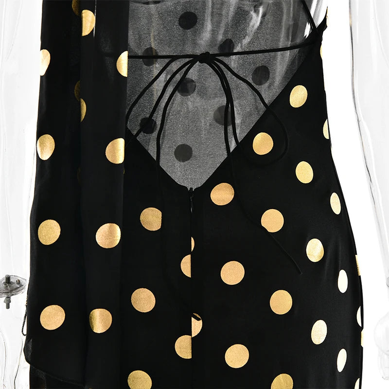 LIZAKOSHT  -  Elegant Hanging Neck Backless Off-shoulder Polka Dot Chiffon Slimming Irregular Long Dress Party Vacation Clothes For Women