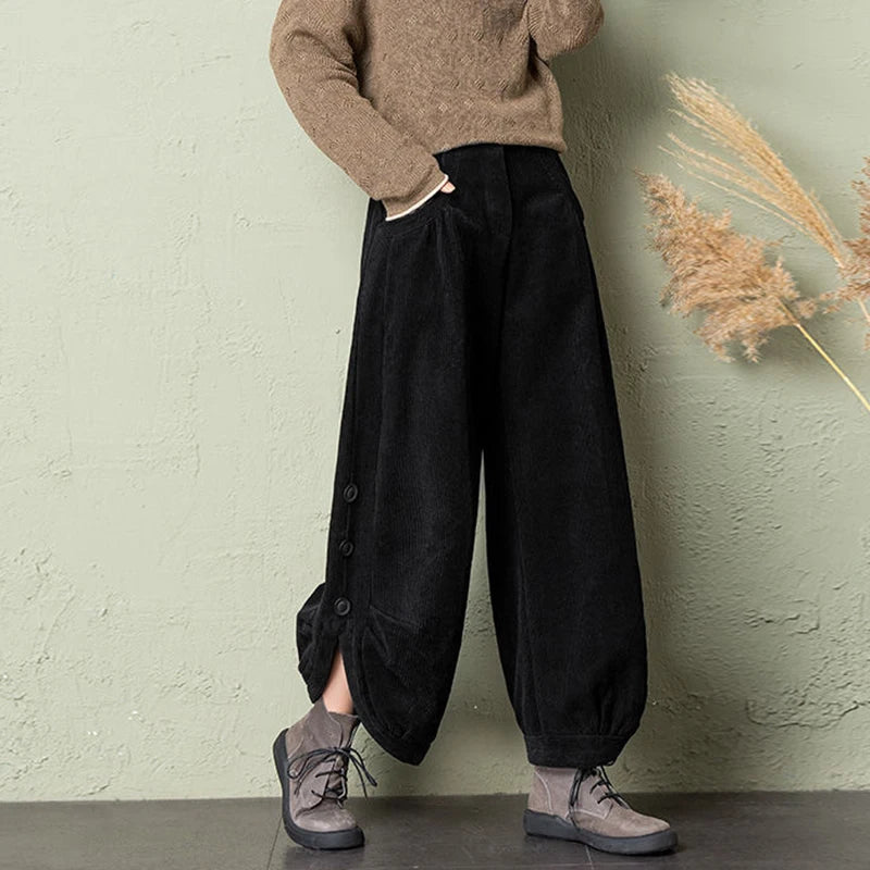 LIZAKOSHT  -  Korean Corduroy Women Pants Fall Winter Plush Warm Loose Casual Harem Trousers Retro High Waist Button Streetwear Wide Leg Pants