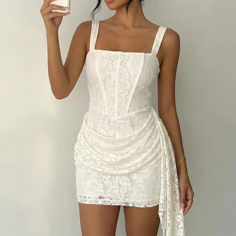 LIZAKOSHT  -  Women Elegant Waist Draped Solid Wrap Hip Dress Casual Sleeveless Slim Mini Dress Sexy Square Collar Lace Embroidery Short Dress