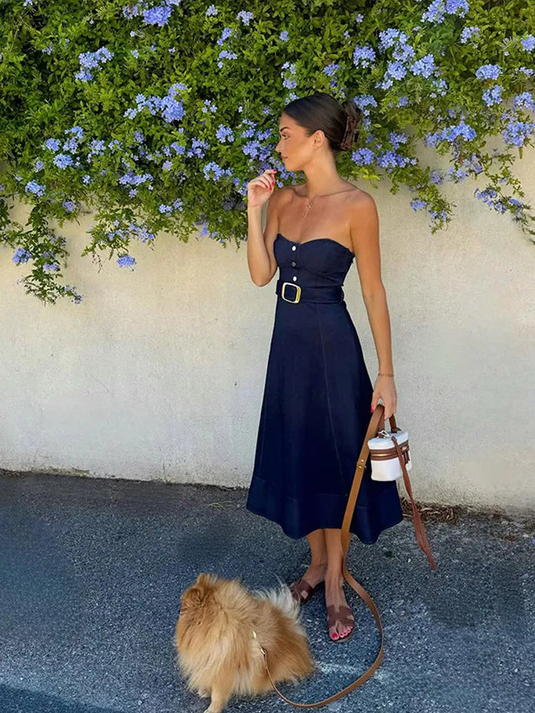 LIZAKOSHT  -  Belt Blue Casual Strapless Dresses Women Chic Sleeveless Backless High Waist A-line Midi Dress Lady New Highstreet Vestidos