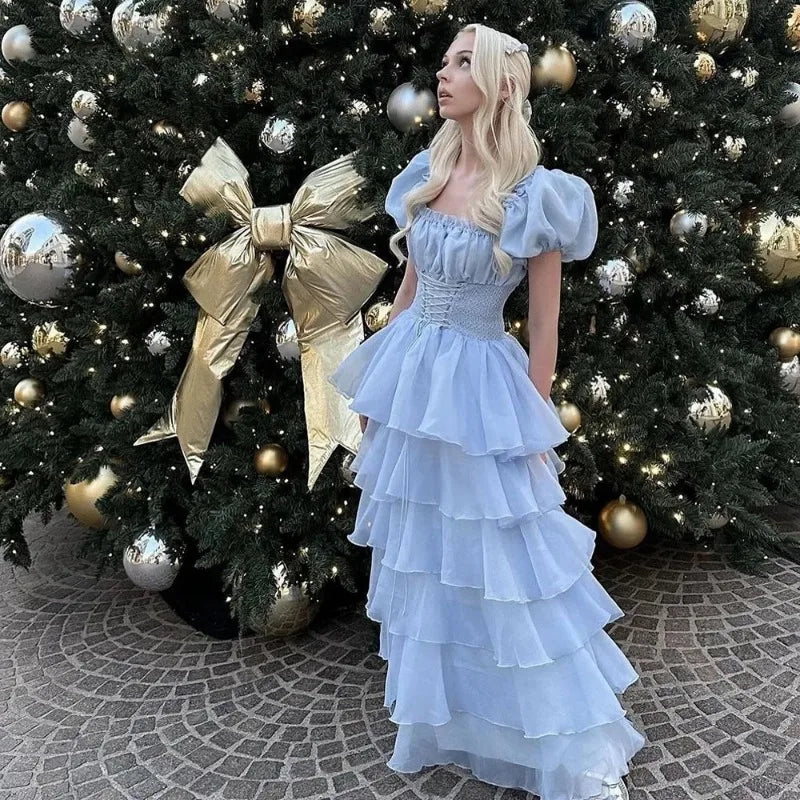 LIZAKOSHT  -  Fashion Lady Sky Blue Tiered Skirt Prom Dress Puff Short Sleeves Lace Up Formal Party Evening Gown Teen Birthday Vestidos