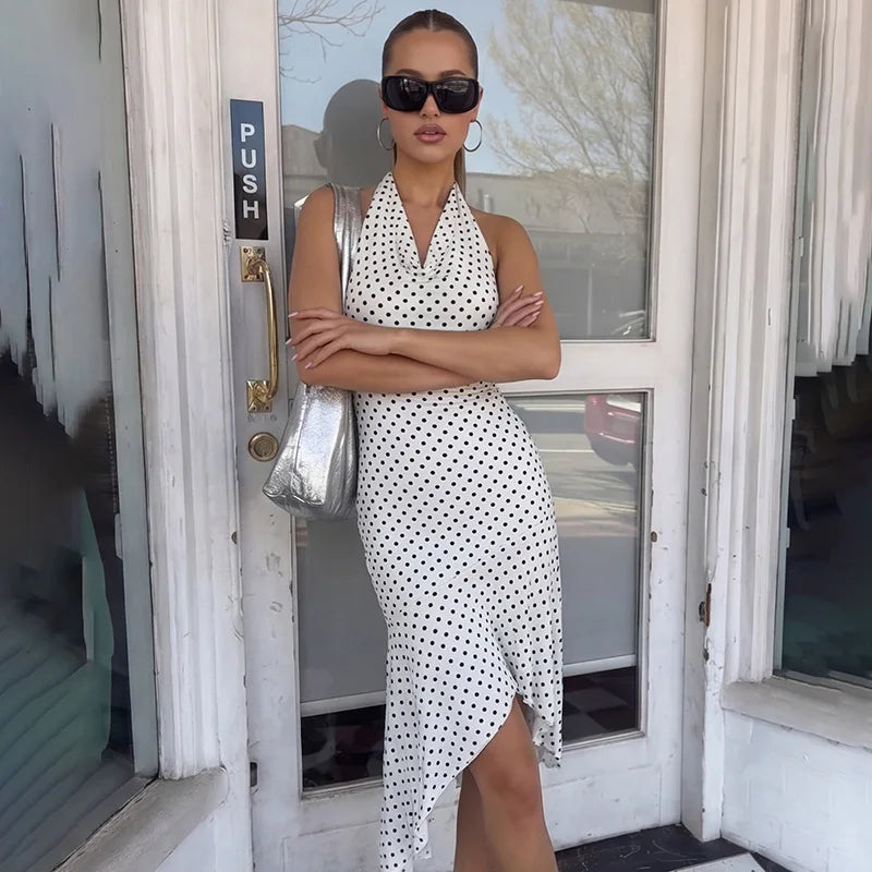 LIZAKOSHT  -  Woman Clothes Halter Backless Polka Dot White Dress Summer Off Shoulder Sleeveless Ruffles Evening Party Dresses