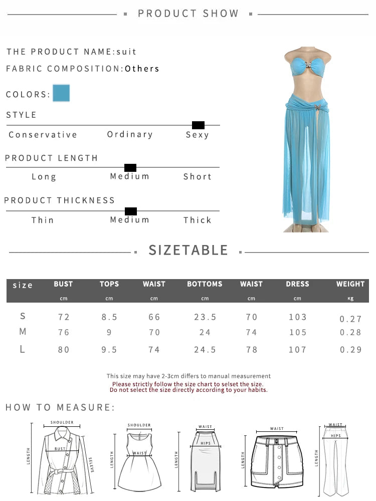 LIZAKOSHT  -  Women Sexy 3 Piece Set Metal Buckle Bow Bra+Shorts+Mesh Ruched Slit See Through Skirts Beach Vacation Party Clubwear