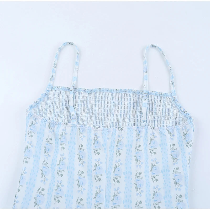 LIZAKOSHT  -  Floral Print Thin Spaghetti Strap Smocked Mini Dress Square Neck Elastic Bust Spring Summer Beach Lady Women Sweet Outfit
