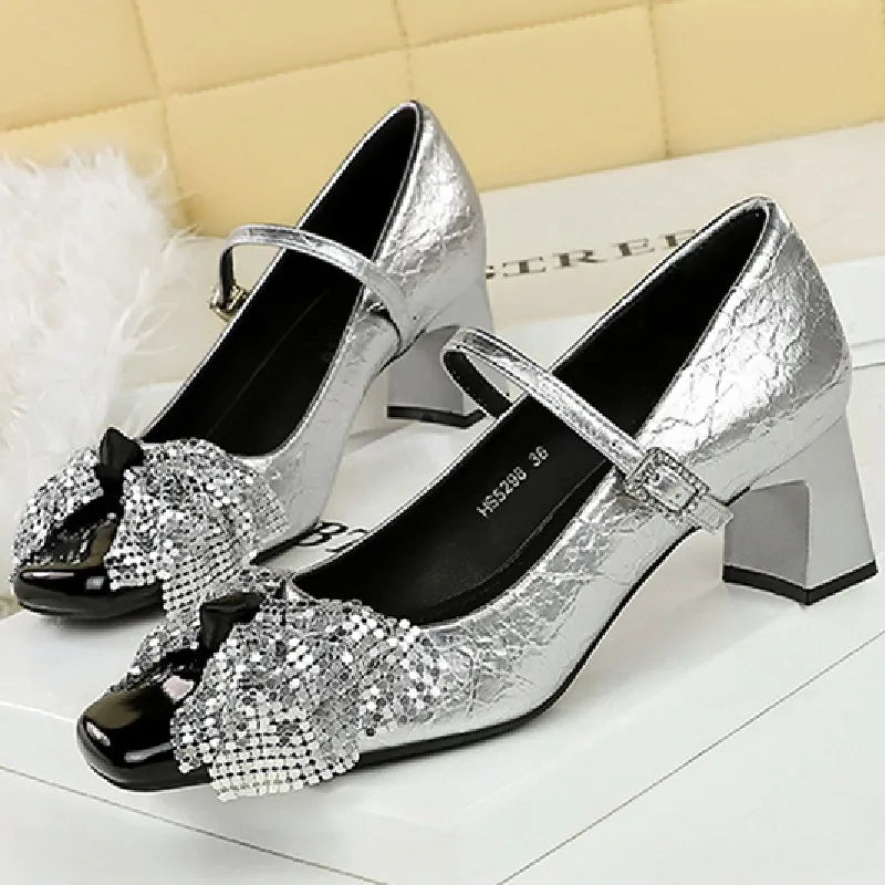 LIZAKOSHT  -  Luxury Rhinestone Bow Chunky Root Mary Jane Shoes Women Fashion Bow Buckle Pumps Summer Slingback Slide Sandals Zapatos De Mujer