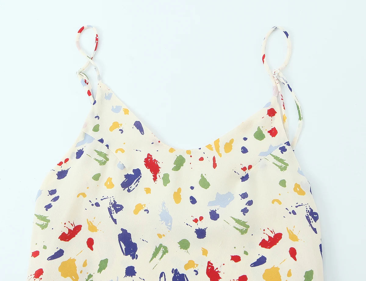 LIZAKOSHT  -  Holiday Women Beige with Colored Geometric Dot Print Sling Dress V Collar Tie Bow Back Midi Long Dresses Vestidos Summer Robe