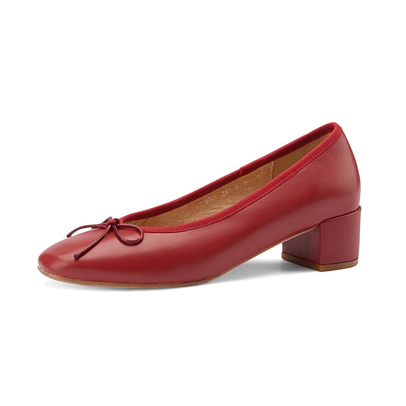 LIZAKOSHT  -  Genuine Leather Women Shoes Fashion Butterfly-knot Spring and Autumn Pumps Slip-On Casual Shoes Chunky Heel Size 34-40