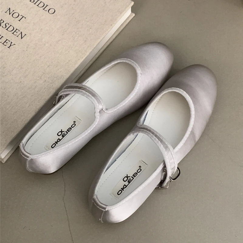 LIZAKOSHT  -  Comfort Satin Soft Sole Ladies Mary Jane Shoes Fashion Round Toe Shallow Women Flats Elegant Buckle Prom Designer Ballet Shoes