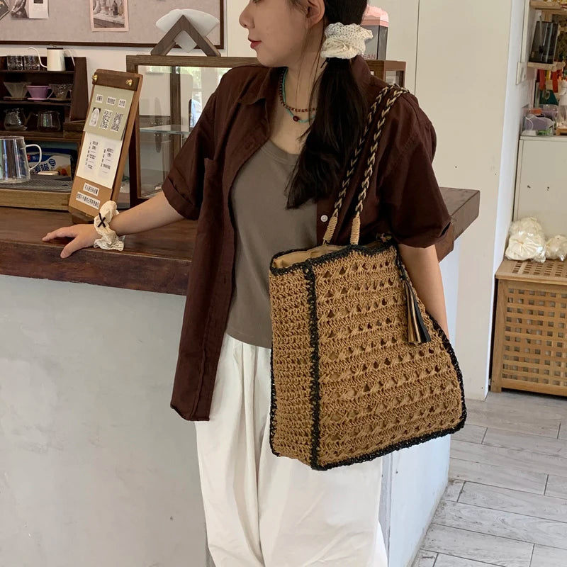 LIZAKOSHT  -  Mesh Crochet Beach Bags Women Hollow Out Straw Woven Tote Bag Seaside Vacation Square Knitted Handbag with Tassel