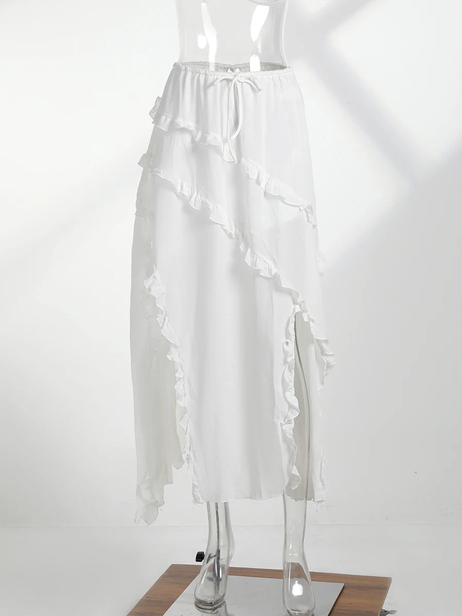LIZAKOSHT  -  Elegant Ruffle White Slit Skirt Y2k Fairycore Tie Up Low Rise Loose Long Skirts For Women Fashion Vintage 90s Falda Bottom