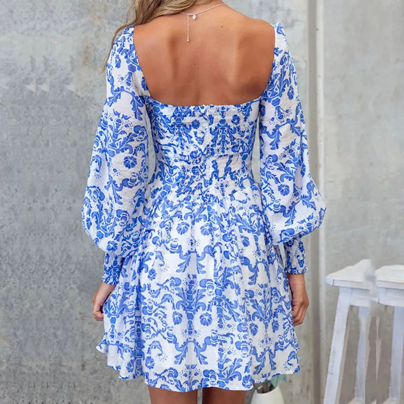 LIZAKOSHT  -  New Elegant Printed Mini Dress French 2024 Square Collar Swing A-line Dress Women All Match Long Sleeve Spring Autumn Mini Dress