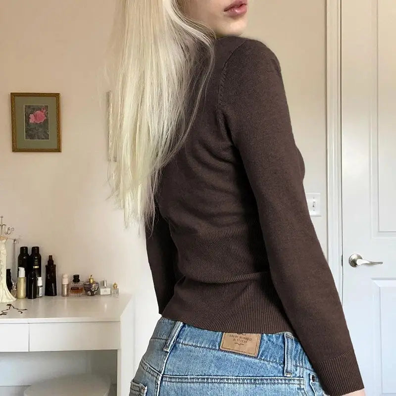 LIZAKOSHT  -  Sweater Fake Two-Piece Stitching Button Lace Design American Retro Long-Sleeved Women'S Short Slim Spice Top