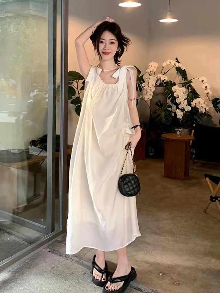 LIZAKOSHT  -  Summer Chiffon Bow Camis Dress Women Summer Irregular Sleeveless Midi Dress Loose Beach Vacation All Match A Line Vestidos