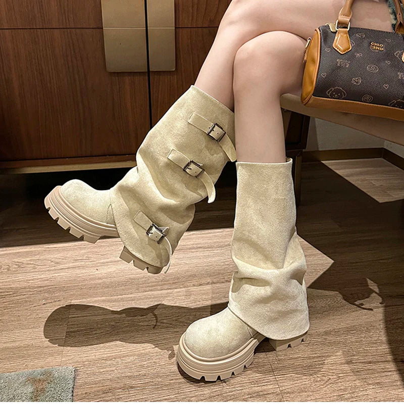 LIZAKOSHT  -  Winter Fashion Platform Thick Heel Woman Knight Boots Fashion Belt Buckle Slip On Mid Calf Booties