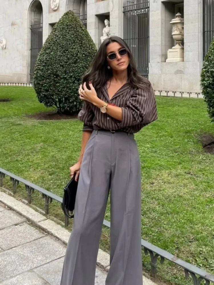 LIZAKOSHT  -  Striped Shirt Women Casual Loose Single Breasted Turn-down Collar Blouse 2025 New Summer Office Lady Simple Long Sleeve Shirts