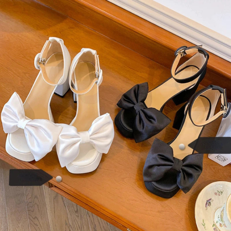 LIZAKOSHT  -  Bow Tie Platform Sandals Designer Women Heels Pump Open Toe Square Head Chunky Heel Fashion Luxury Women's Sandals Summer