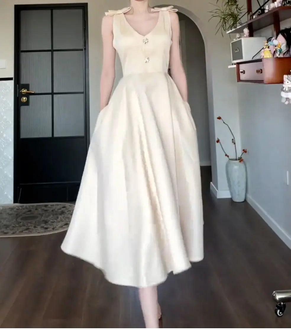 LIZAKOSHT  -  Summer Champagne Bow A Line Dress Women Elegant Slim Waist Party Dress