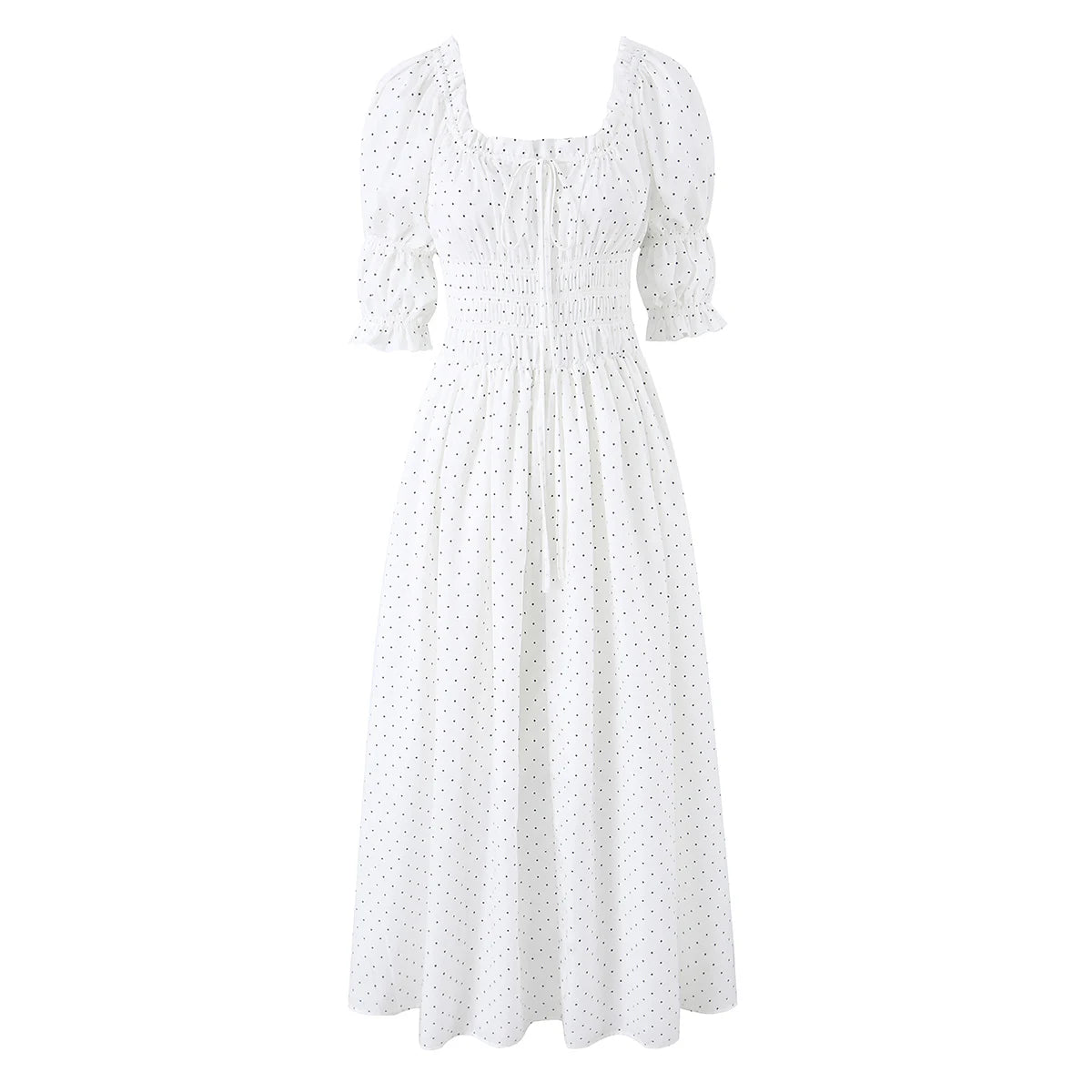 LIZAKOSHT  -  Dot Print Wood ears Ruched Chest Bow U collar Puff Sleeve Dress Elastic High Waist Pleated Swing Midi Dresses Holiday Robe