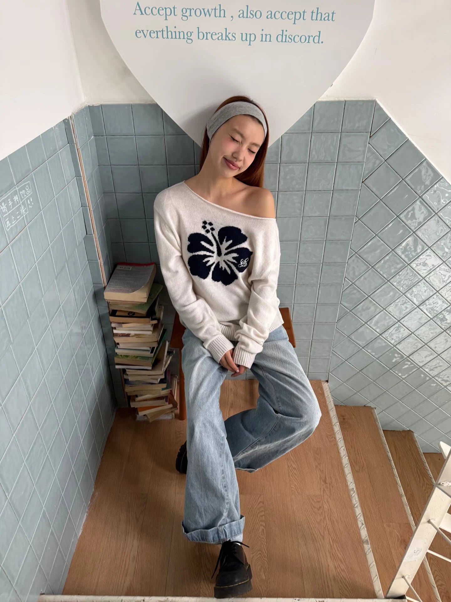 LIZAKOSHT  -  Flower Jacquard Sweater Woman Autumn Raw Hem Sexy Slash Neck Long Sleeve Pullover Female Vintage Sweet Preppy Style Jumpers Top
