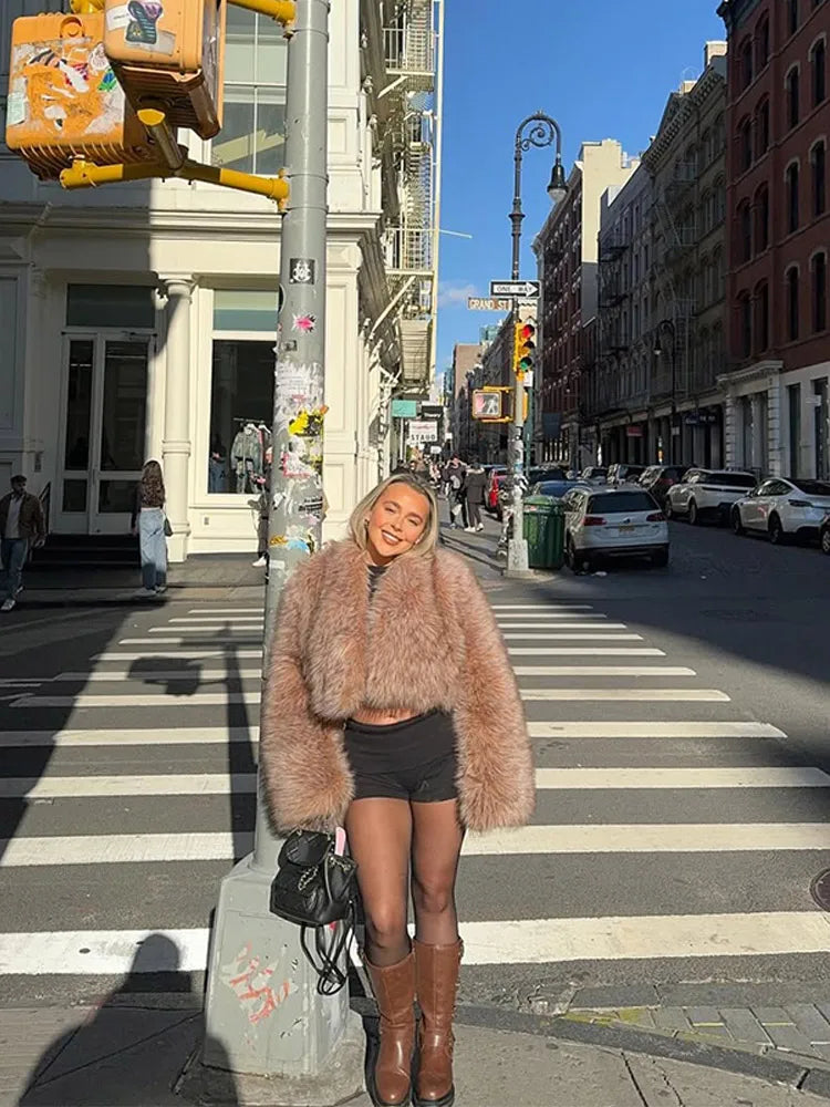 LIZAKOSHT  -  Women Solid Faux Fur Short Coat Elegant Long Sleeve Fluffy Loose Cropped Jacket Lady New Winter Warm High Street Outerwear 2025