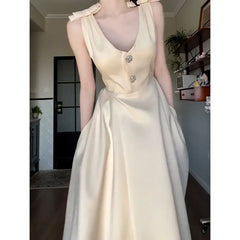 LIZAKOSHT  -  Summer Champagne Bow A Line Dress Women Elegant Slim Waist Party Dress