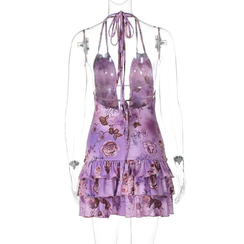 LIZAKOSHT  -  Sexy Women Butterfly Shape Printed Dress Sleeveless Ruffles Lace-up Dress Party Cute Lady Backless Bandage Low-out Cake Dress