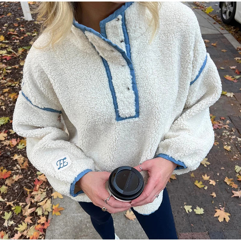 LIZAKOSHT  -  Faux Shearling Stand Collar Sweatshirt Tops Women's Long Sleeve Oversized Chic Cozy Outerwear Autumn New Casual Girls Outfit