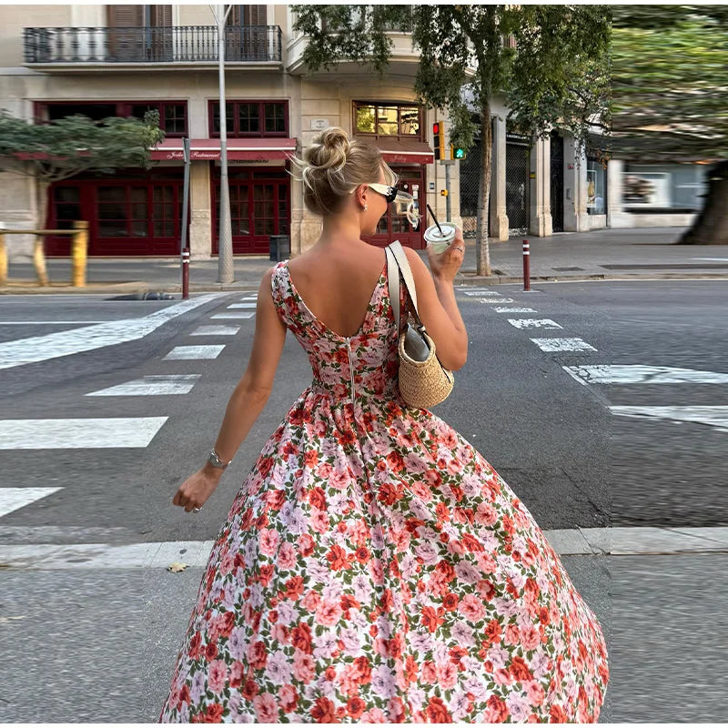 LIZAKOSHT  -  Fashion Print Tube Midi Dress For Women Deep V-neck Sleeveless Draped Lace Up Robes 2025 Summer Elegant Female Parties Dresses
