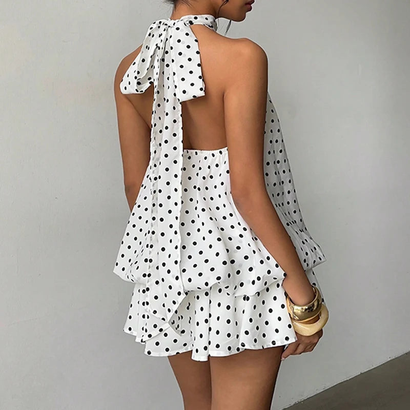LIZAKOSHT  -  Beach Vacation Summer Ruffles Mini Sleeveless Dress Women's Fashion Solid Color Hanging Neck Open Back Pleated Dresses